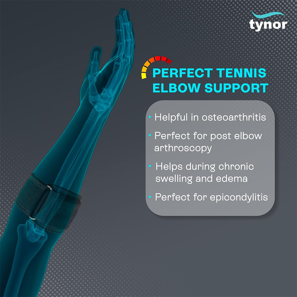 TYNOR Tennis Elbow Support, with Adjustable Compression for Pain Relief & Elbow Stability | for Sports, Gym, Running, Training & Injury Recovery for Men & Women | Pack of 1 (Black, Medium)