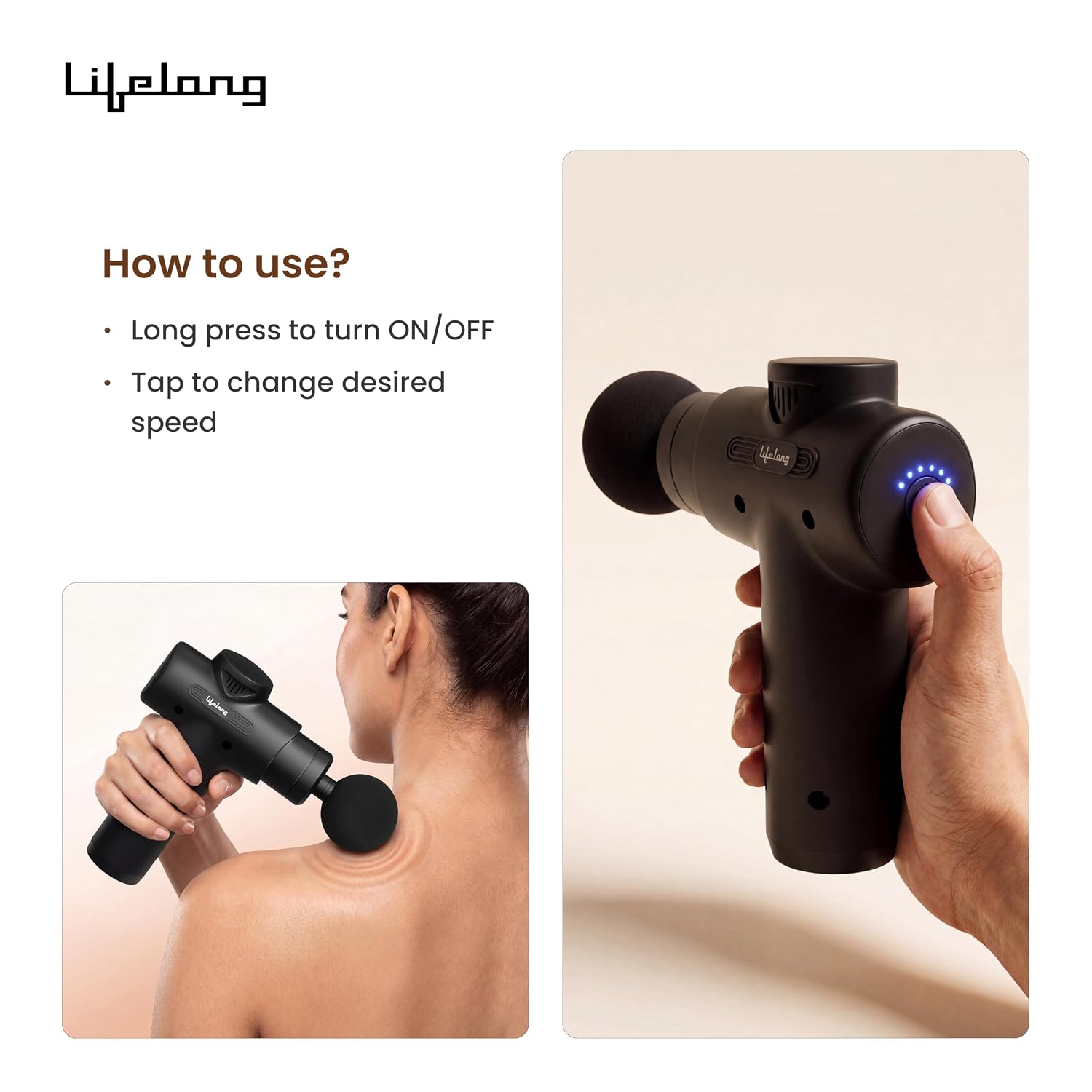 Lifelong LLGM109 Percussion Massage Gun for Pain Relief, Deep Tissue, 6 Speeds & 7 Massage Heads, Cordless, Quiet Operation for Neck, Shoulders, Back, Arms, Legs & Feet (Black)