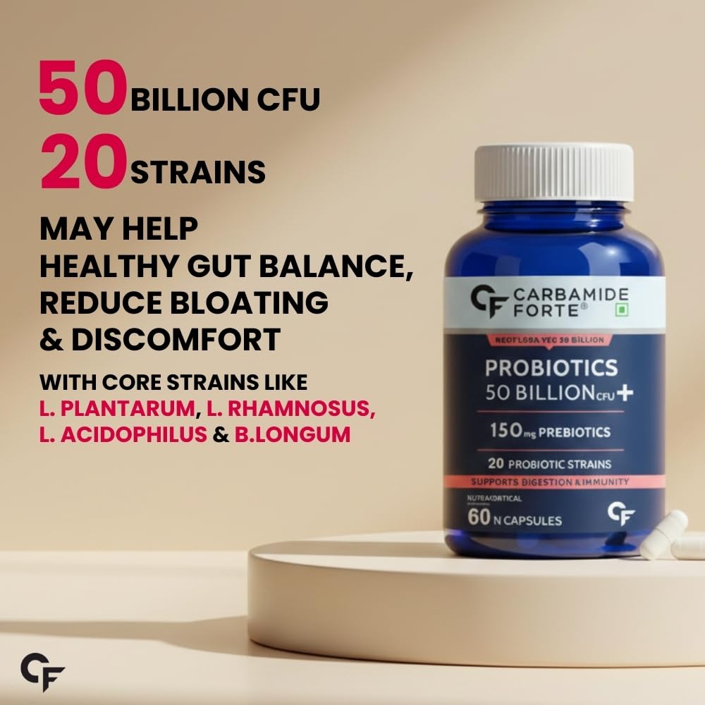 Carbamide Forte Probiotics Supplement 50 Billion CFU Gut Health Supplements with Probiotic | Gut Cleanse with Prebiotics and Probiotics – 60 Capsules