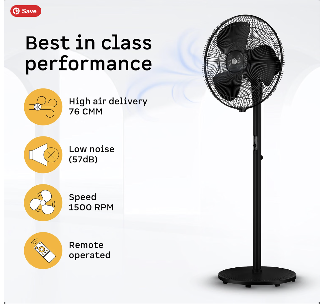 atomberg Renesa 400mm Pedestal Fan | 5-star rated | Ideal for Home & Office | Silent BLDC Stand Fan | 6 Speeds | 35W | Remote with Oscillation, Timer, Sleep | 2 Years Warranty (Midnight Black)