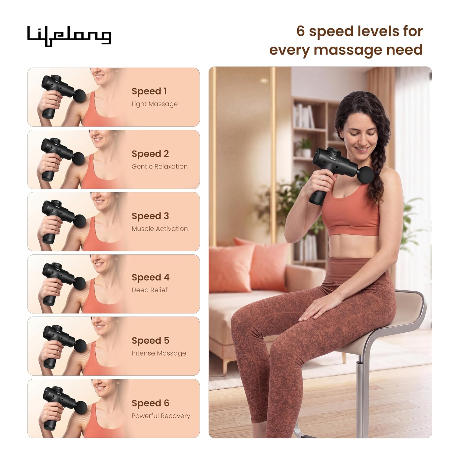 Lifelong LLGM109 Percussion Massage Gun for Pain Relief, Deep Tissue, 6 Speeds & 7 Massage Heads, Cordless, Quiet Operation for Neck, Shoulders, Back, Arms, Legs & Feet (Black)