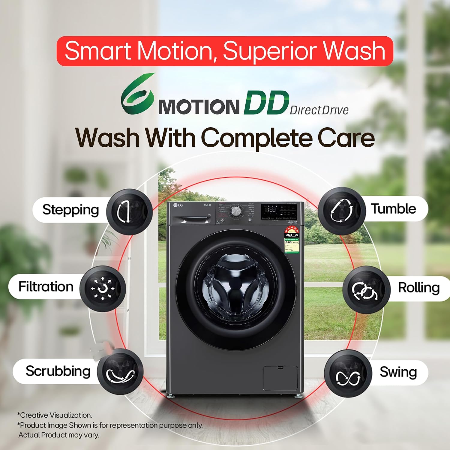 LG Smart Choice, 9 Kg, 5 Star, AI Direct Drive Technology, Steam, 6 Motion DD & Wi-Fi Fully-Automatic Front Load Washing Machine (FHP1209Z5M, Intelligent & Convenient Fabric Care, Middle Black)