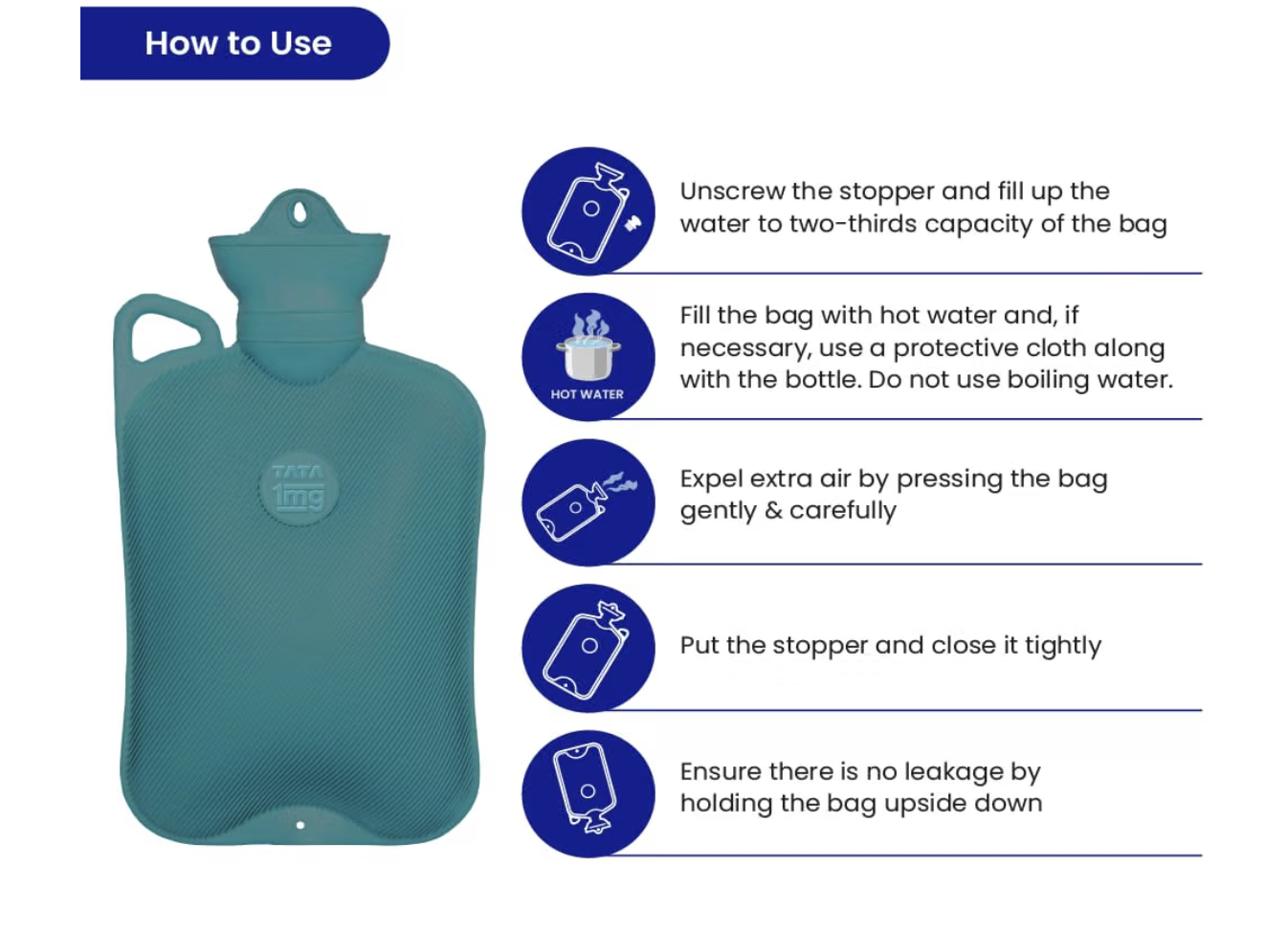 TATA 1MG Hot Water Bag (2Ltr) | Heating Bag For Period Cramps & Pain Relief | Leak- Proof Design With Additional Washer & Fishtail Inlet| Long Heat Retention | For Back, Neck & Joint Pain | Teal