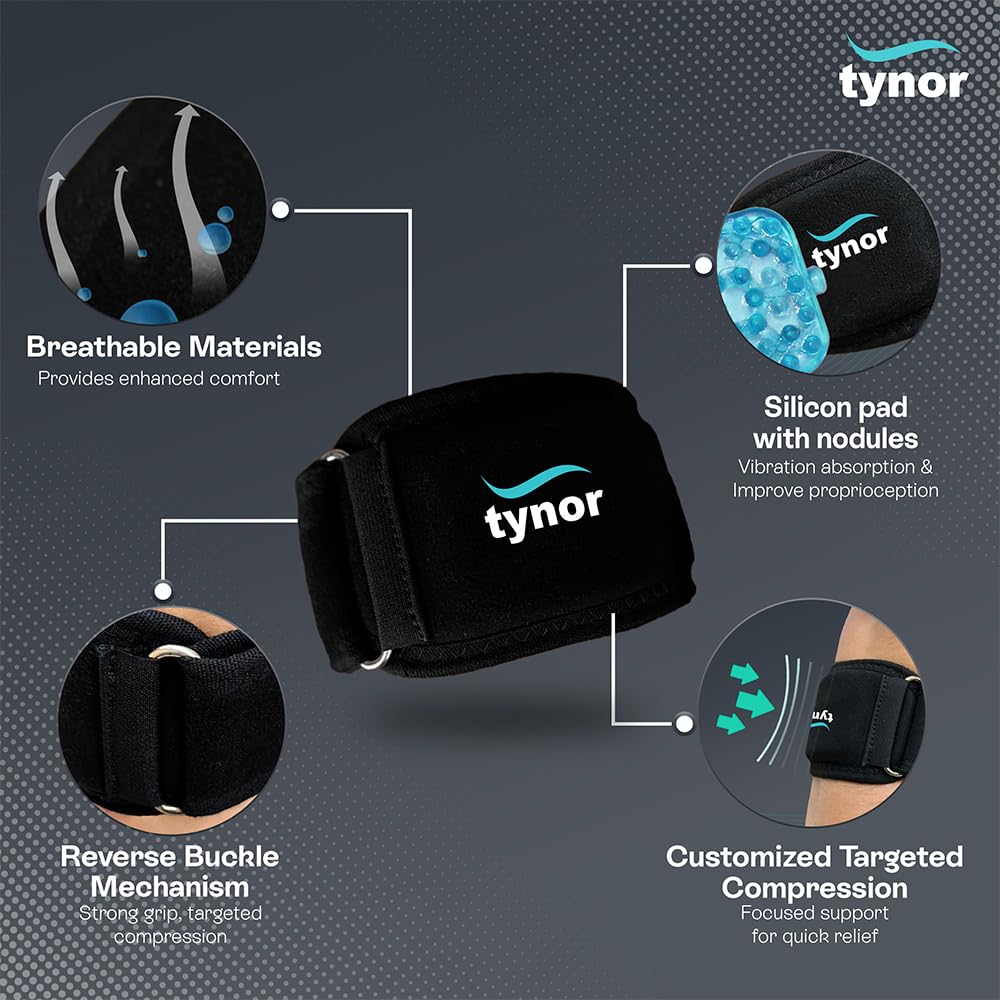 TYNOR Tennis Elbow Support, with Adjustable Compression for Pain Relief & Elbow Stability | for Sports, Gym, Running, Training & Injury Recovery for Men & Women | Pack of 1 (Black, Medium)