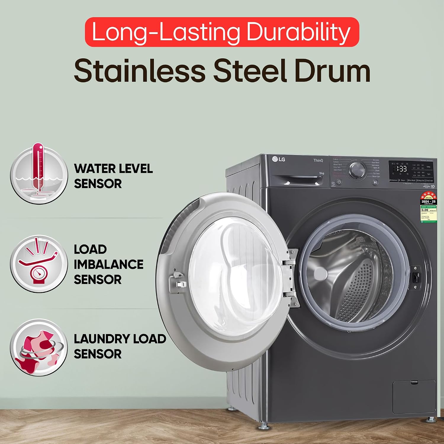 LG Smart Choice, 9 Kg, 5 Star, AI Direct Drive Technology, Steam, 6 Motion DD & Wi-Fi Fully-Automatic Front Load Washing Machine (FHP1209Z5M, Intelligent & Convenient Fabric Care, Middle Black)