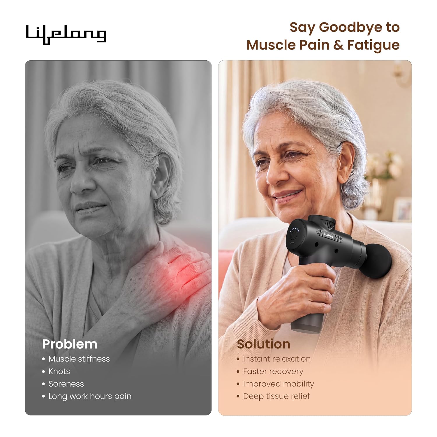 Lifelong LLGM109 Percussion Massage Gun for Pain Relief, Deep Tissue, 6 Speeds & 7 Massage Heads, Cordless, Quiet Operation for Neck, Shoulders, Back, Arms, Legs & Feet (Black)