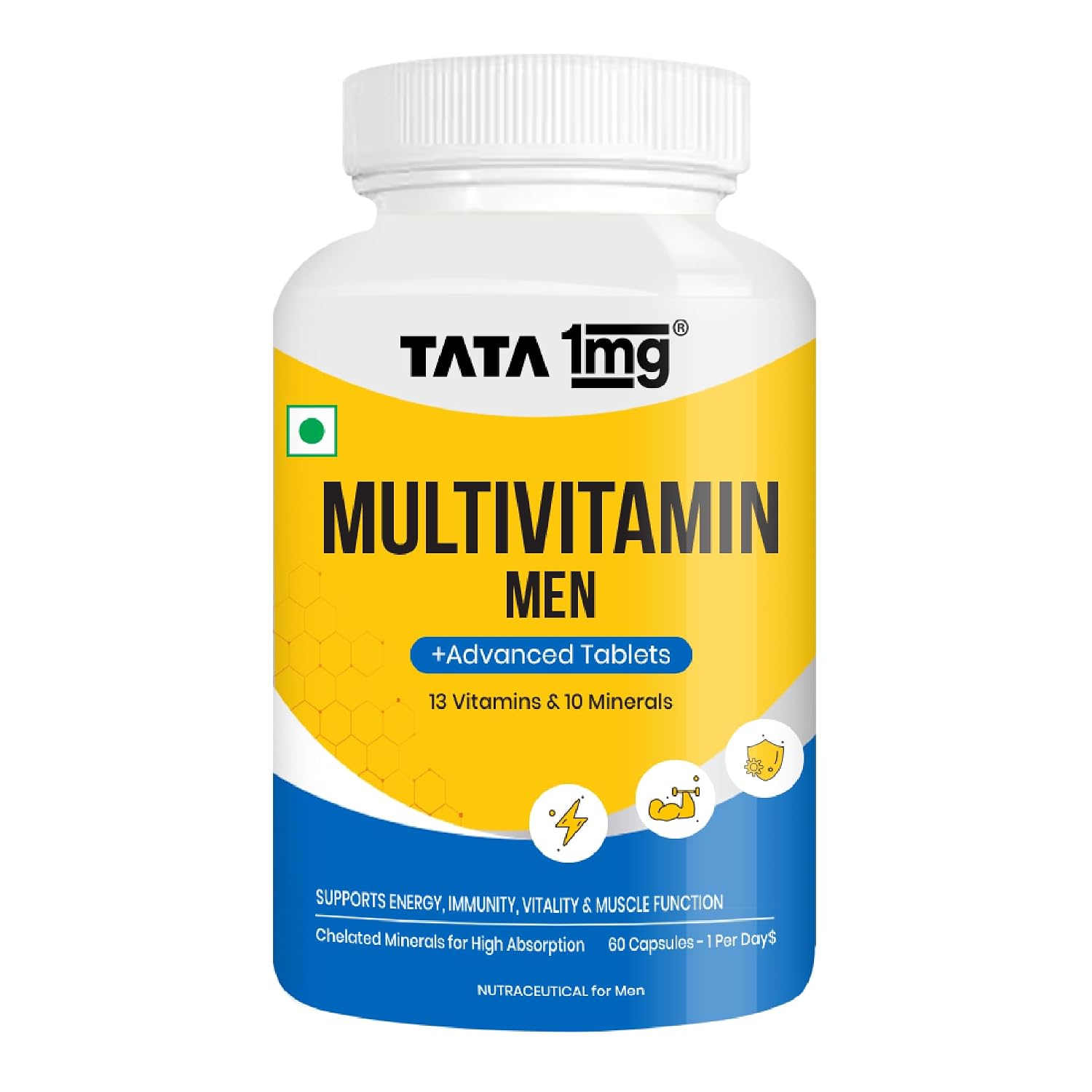 Tata 1mg Multivitamin for Men | 13 Vitamins, 10 Minerals, Zinc & Magnesium | Energy, Immunity, Vitality & Muscle Strength | 60 Tablets | 1 Per Day