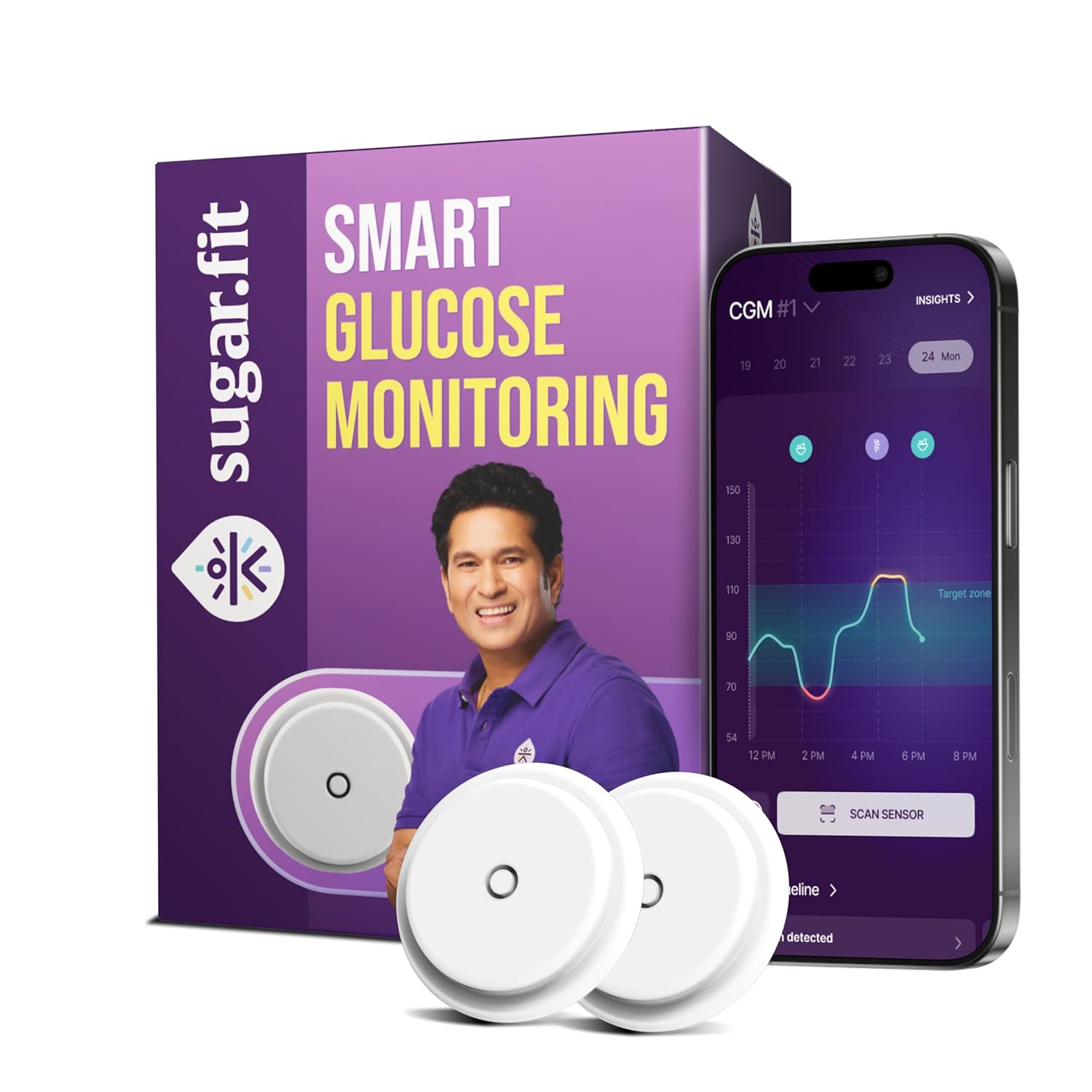 Sugar.fit CGM Glucose Monitor Device | Real-Time Blood Sugar Monitoring Device on Your Phone, No Finger Prick, No Scan | 15Day Wearable Arm Sensor, Bluetooth Enabled | Free 1:1 Coach & App | Pack of 2