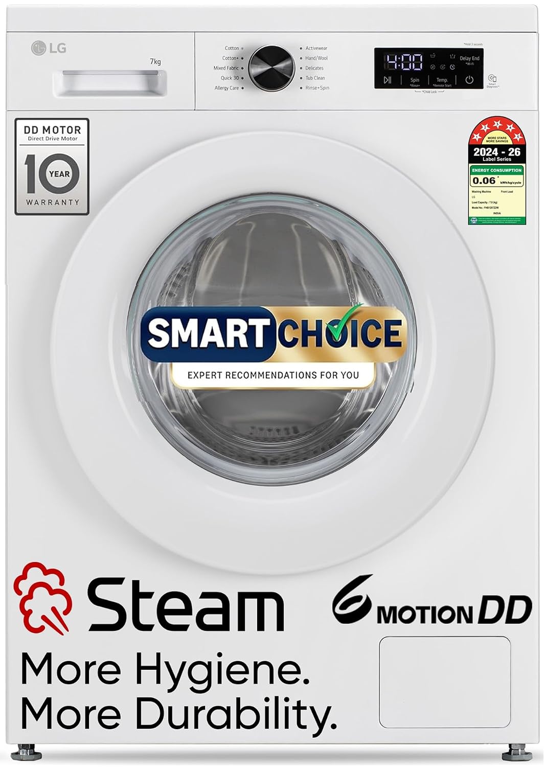 LG Smart Choice, 7 Kg, 5 Star, Steam, Inverter Direct Drive Technology, 6 Motion DD, Fully-Automatic Front Load Washing Machine (FHB1207Z2W, Remove Allergens & Stain, In-Built Heater, Essence White)