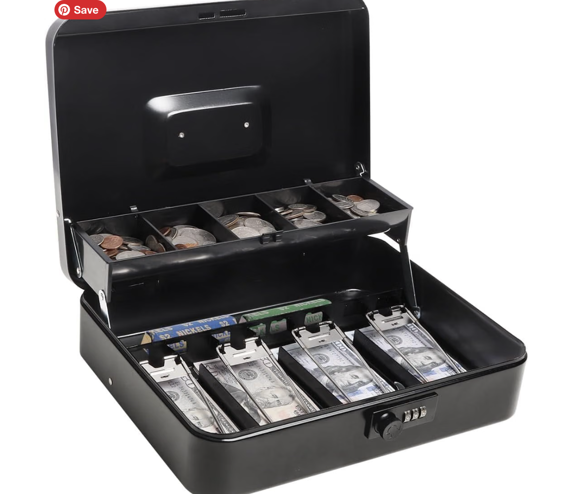 GOBBLER Cash box with Number Combination Lock & 2 Level Money Tray, Metal Money Box Large Size: 30 * 24 * 9cm (GC-3025) - Black