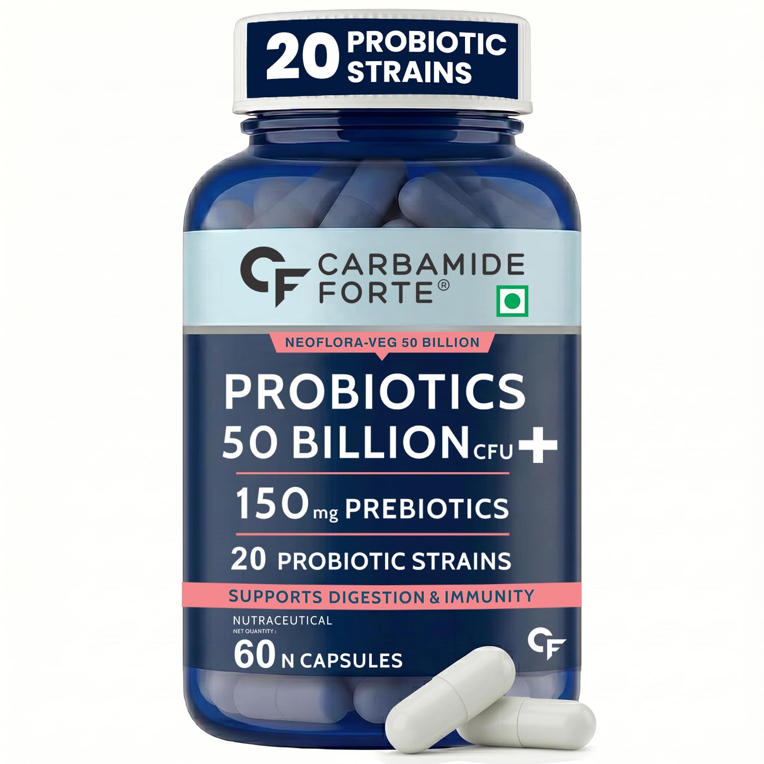 Carbamide Forte Probiotics Supplement 50 Billion CFU Gut Health Supplements with Probiotic | Gut Cleanse with Prebiotics and Probiotics – 60 Capsules